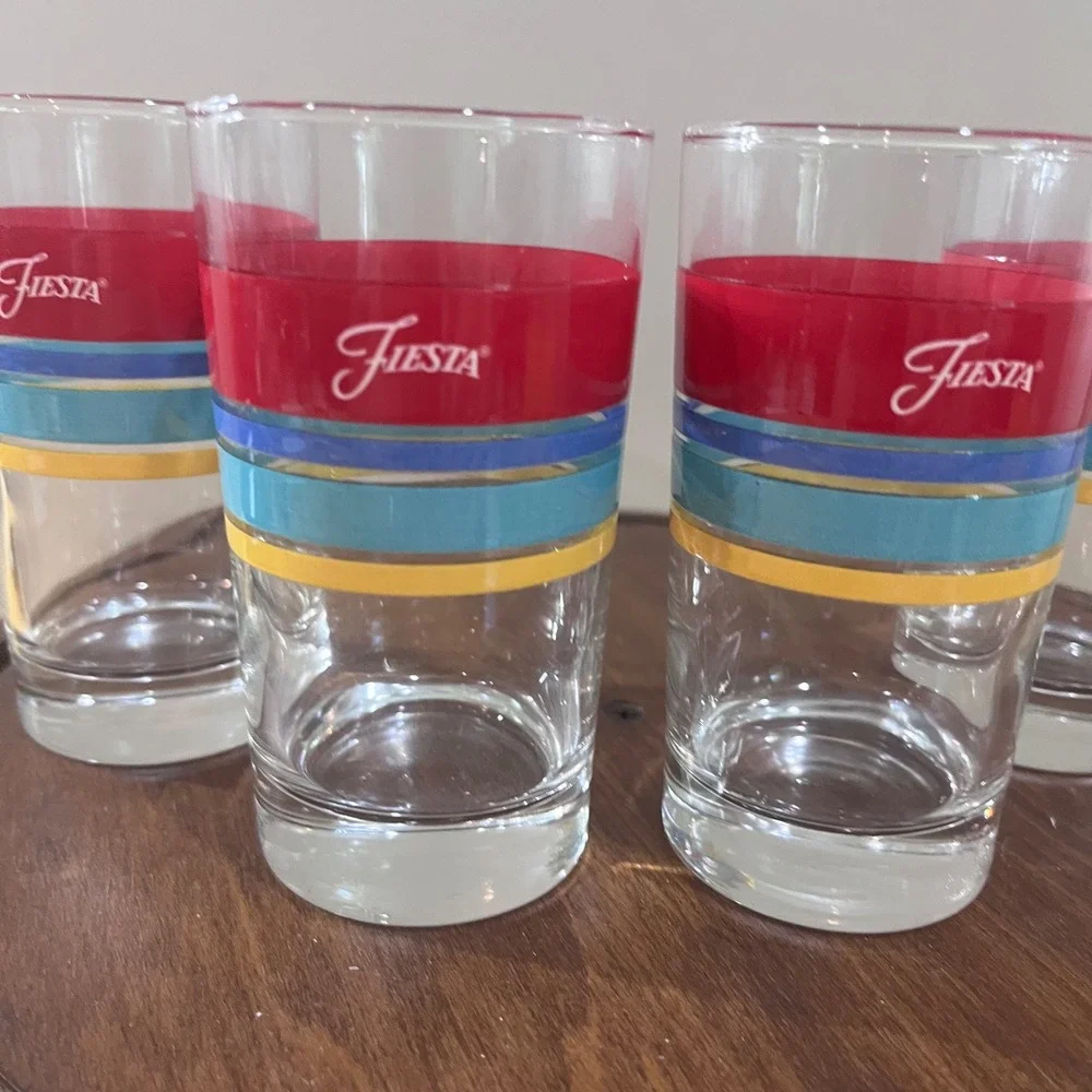 Vtg Fiesta Juice Glasses Set of 4 Red Blue Yellow‎ Striped Retro Tumblers 4.5